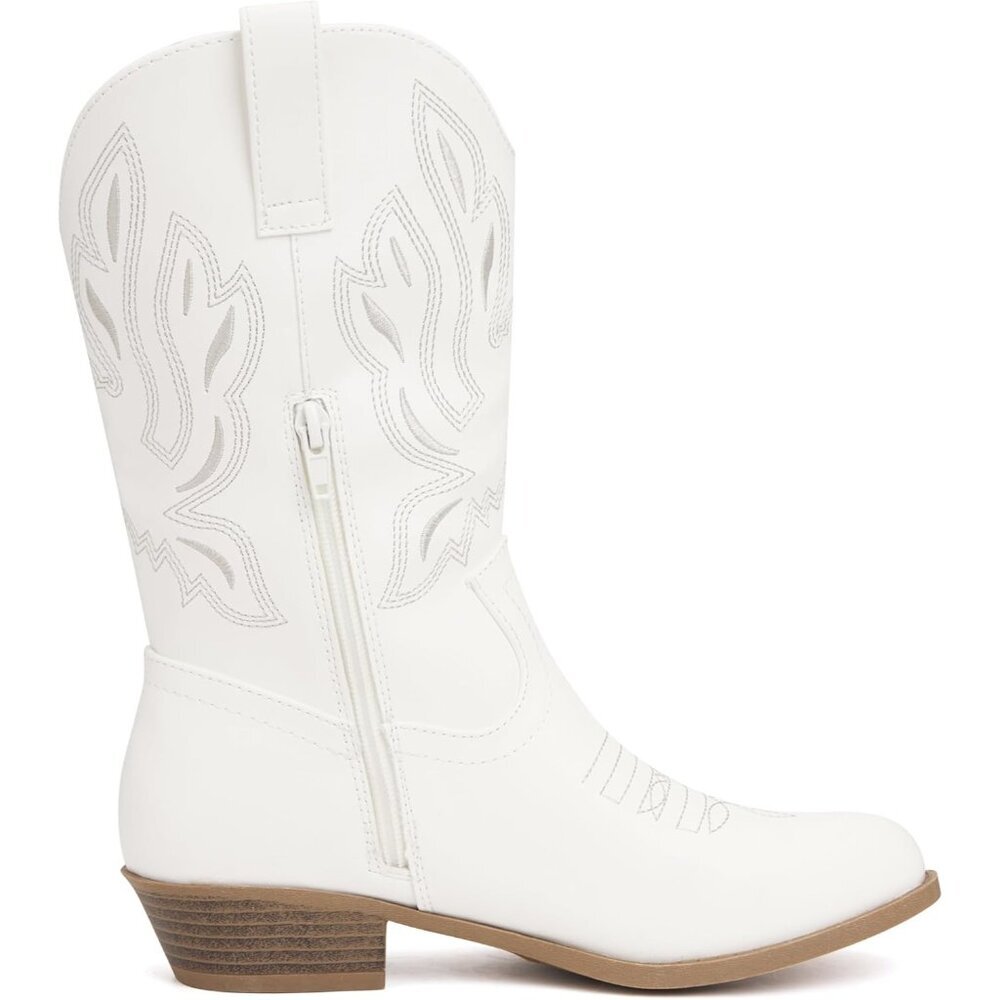 ⚡Kid White Polyurethane Cowboy Pointed Toe Mid-Calf Embroidered Side Zipper Boot - Picture 3 of 6